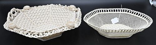 Two Belleek Baskets, four strand, one encrusted with flowers and twig handles, impressed mark on bottom, diameter 11 inches. Provenance: Collections o