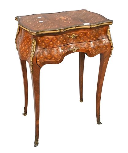 Louis XV Style Stand, having shaped lift top, bombay sides with one shaped drawer, having all over floral inlay, set on cabriole legs, probably late 1