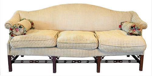 Margolis Chippendale Style Camel Back Sofa, having three down cushions all on blind carved squared leg, connected by pierce carved stretchers, along w