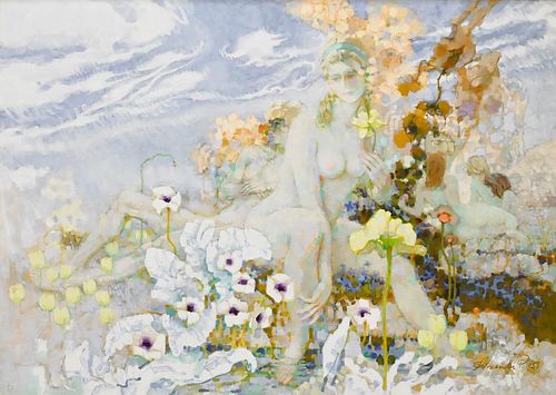 Alexander Ross (Scottish/American, 1908 - 1990), Nude in a Bed of Flowers, oil on canvas, signed lower right, sight size 35 1/2" x 49 1/2".