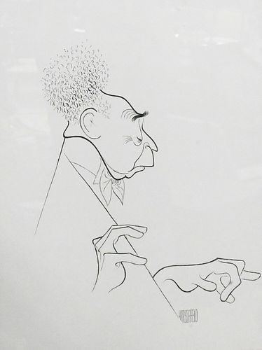 Albert Hirschfeld (American, 1903 - 2003), Arthur Rubinstein portrait, pen and ink, signed lower right, 20" x 16".