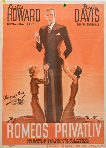 "Romeos Privatliv" Warner Brothers Movie Poster, 1941 - 1942, art by Rodiant, French version of the American movie "It's Love I'm After" starring Lesl