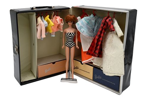 1962 Barbie Double Case, redhead bubble cut doll having red nails and green earring, case height 13 inches, case width 10 1/4 inches.