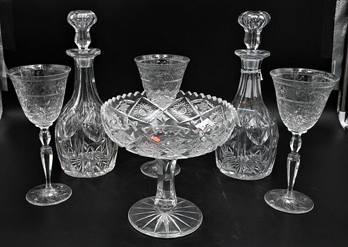 Group of Glass, to include three Webb Corbett etched glass stems; two cut glass decanters, height 12 inches; and a cut glass compote.