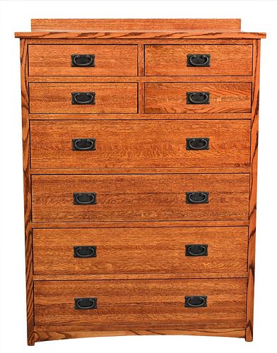 Michaels for Restoration Hardware Mission Oak Style Tall Chest, having cedar lined drawers, height 55 1/2 inches, top 18 1/2" x 40".
