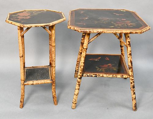 Two Bamboo Occasional Side Tables, each having japanned tops, height 27 inches, top 24" x 24"; height 28 inches, top diameter 18 inches.