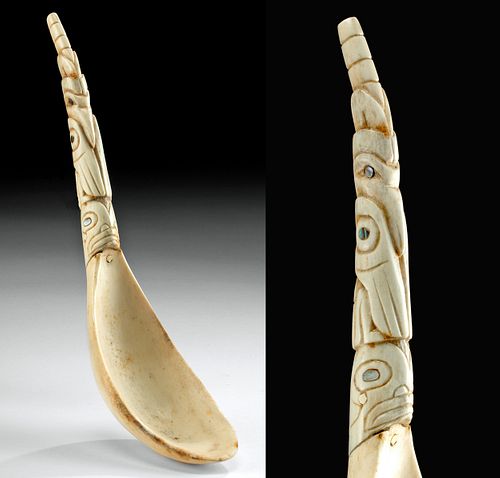 19th C. Haida Horn Spoon Totemic Handle Nacre Inlay