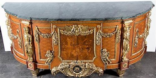 A Louis XVI Style Gilt Bronze Mounted Marquetry Commode a Vantaux, Height 39 1/4 x width 83 x depth 22 inches.