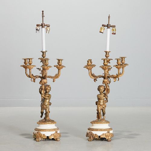 Pair Louis XV style bronze, marble candelabra lamp