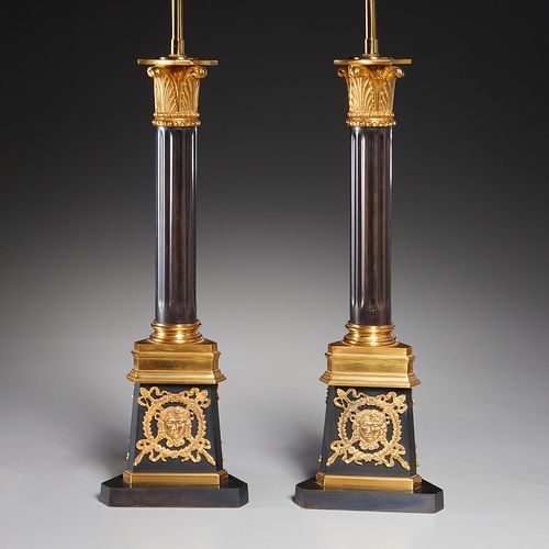 Pair Louis XVI style gilt, patinated bronze lamps