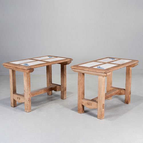 Pair French Arts & Crafts tile-inlaid oak tables