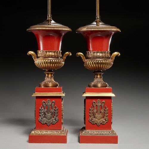 Pair Empire style tole peinte urn lamps
