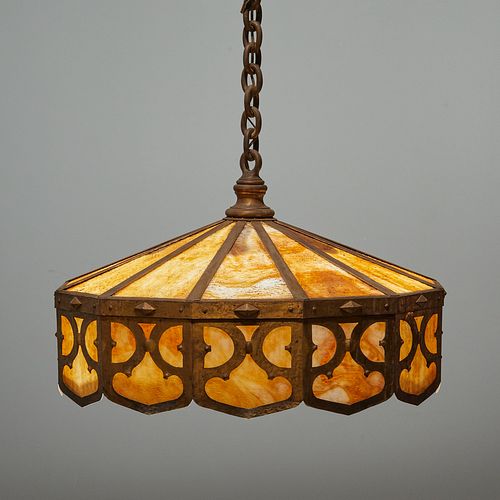 Large Arts & Crafts bronze, slag glass chandelier