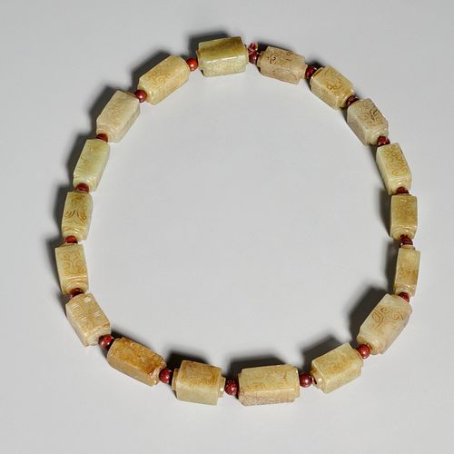 Chinese celadon jade Cong bead necklace