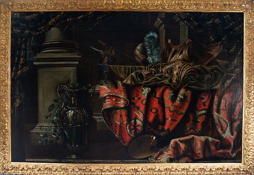 Large Pair of Still Lifes with Carpets, in the manner of Francesco Noletti, called il Maltese (Valletta c. 1611 - Rome, 1654), 17th century Italian sc