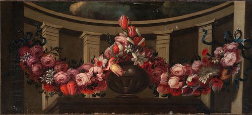 Important Wreath of Flowers with Caprice, Italian Baroque school from the end of the 17th century