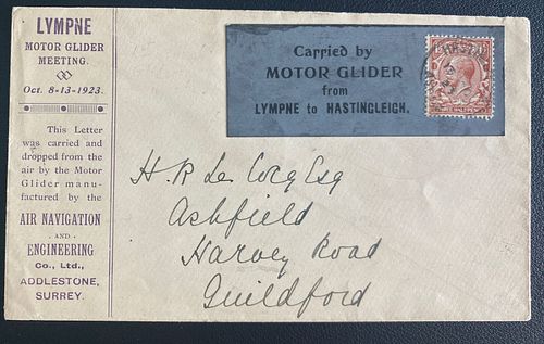 1923 Hasting England Rare Motor Glider Flight Cover to Guildford Air