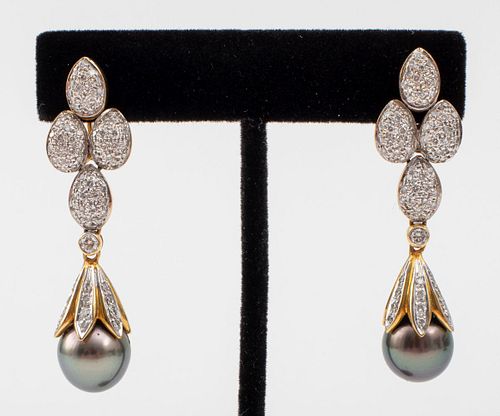 18K Gold Diamond & Tahitian Pearl Drop Earrings