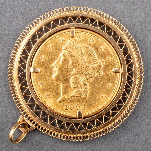 1904 US $20 Twenty Dollar Gold Coin/ 18K Pendant
