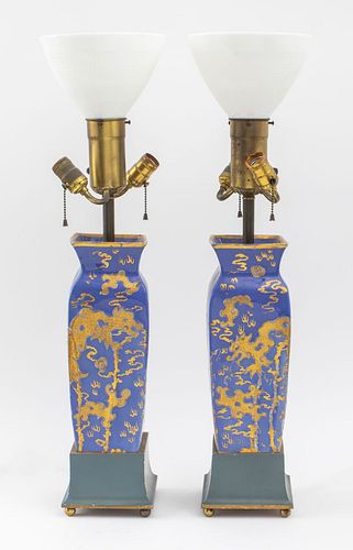 Chinese Art Deco Porcelain Vase Table Lamps, Pr