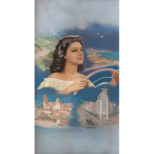 EDUARDO CATAÑO, Mujer al volante, ca. 1950, Firmado, Pastel sobre papel, 150 x 75 cm