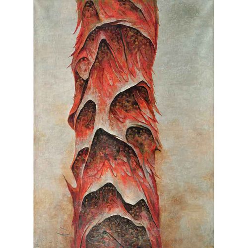 GUILLERMO MEZA, Árbol del bien y el mal, Firmado, con monograma y fechado 1974 al frente y al reverso, Óleo sobre tela, 110 x 80 cm
