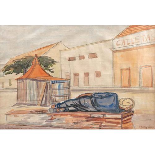 RAÚL ANGUIANO, Sin título, Firmada y fechada Ciudad del Carmen, Enero 6 - 55, Acuarela y lápiz de grafito sobre papel, 41.5 x 61 cm