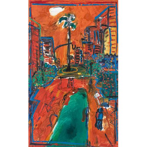 PHIL KELLY, Reforma con palmera, Firmado y fechado Mex D.F. Oct 97, Óleo sobre tela, 130 x 80 cm