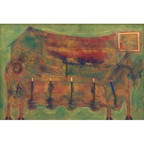 ROLANDO ROJAS, Viaje en el sueño, Firmada, Óleo y arena sobre tela, 100 x 150 cm