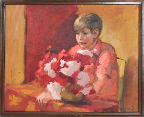 20th C. Portrait of Boy with Flowers, Signed O/C