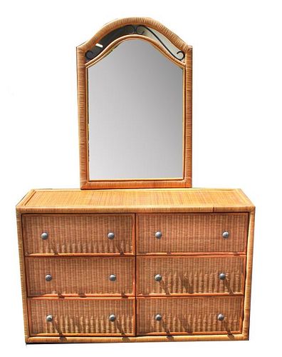 Vintage Rattan Dresser w Vanity Mirror