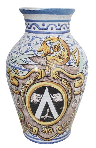 Antique Italian Tin Glazed Faience Armorial Vase