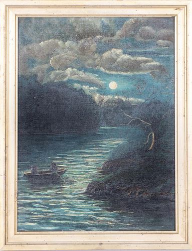 Antique Moonlit River Scene, Oil on Canvas
