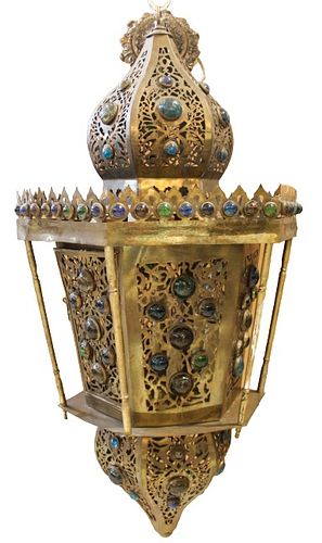 Middle Eastern Reticulated Brass Glass Chandelier