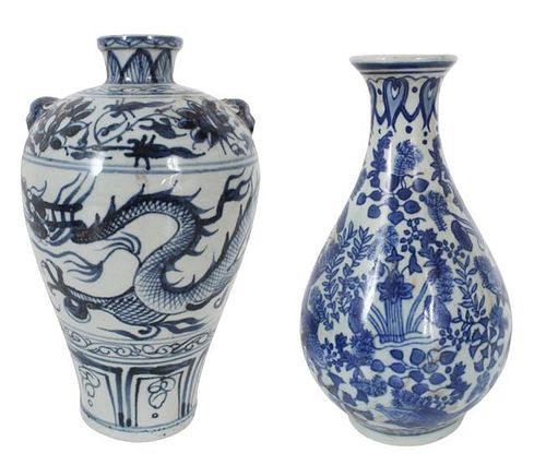 (2) Chinese B&W Vases, Figural Dragon & Floral