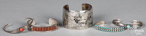 Five Native American Indian made silver bracelets