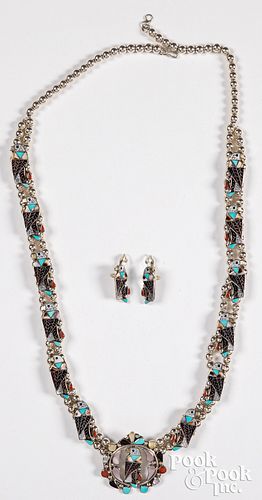 Zuni Indian silver necklace and earrings