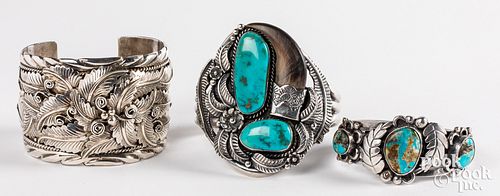 Three Navajo or Zuni Indian sterling silver cuff