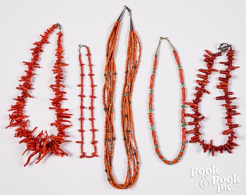 Five Native American Indian made coral necklaces