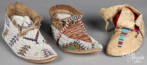 Three Native American Indian beaded moccasins