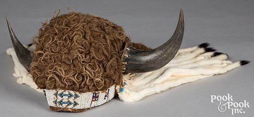 Plains Indian buffalo hair and horn headdress