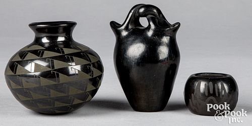 Three Santa Clara Indian pottery vessel