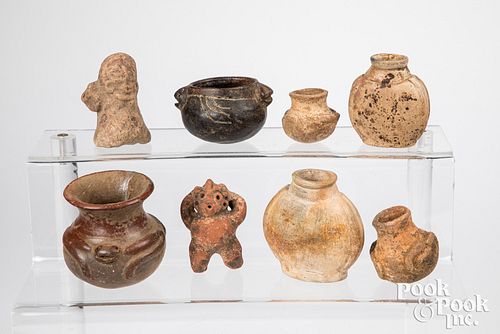 Eight Pre-Columbian Mayan culture pottery items