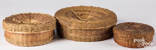 Three Woodland Indian woven lidded baskets