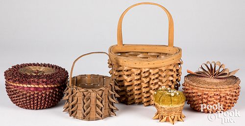 Five Woodland Indian porcupine basketry items