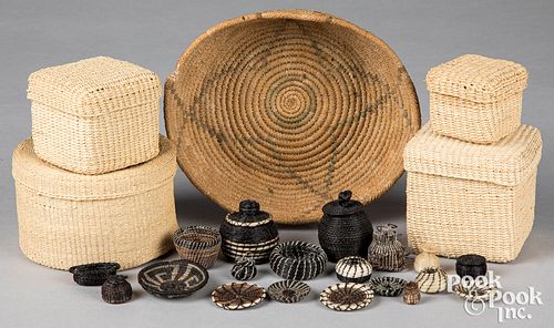 Group of raffia and horsehair tribal baskets