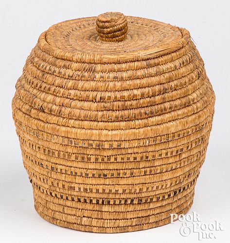 Pacific Northwest Coast Yupik Indian lidded basket