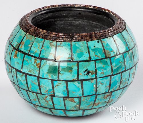 Turquoise inlay blackware pottery bowl