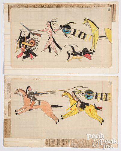 Two vintage Indian ledger art drawings
