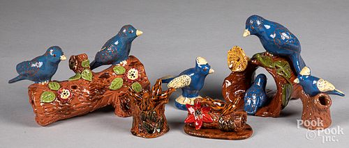 Six Lester Breininger figural bluebirds on stump